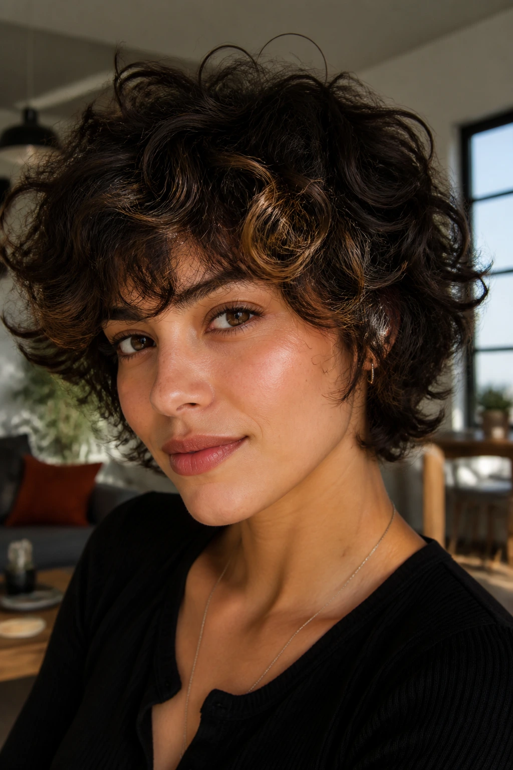 Close-up of a real woman with short curly layered hair and caramel flecks