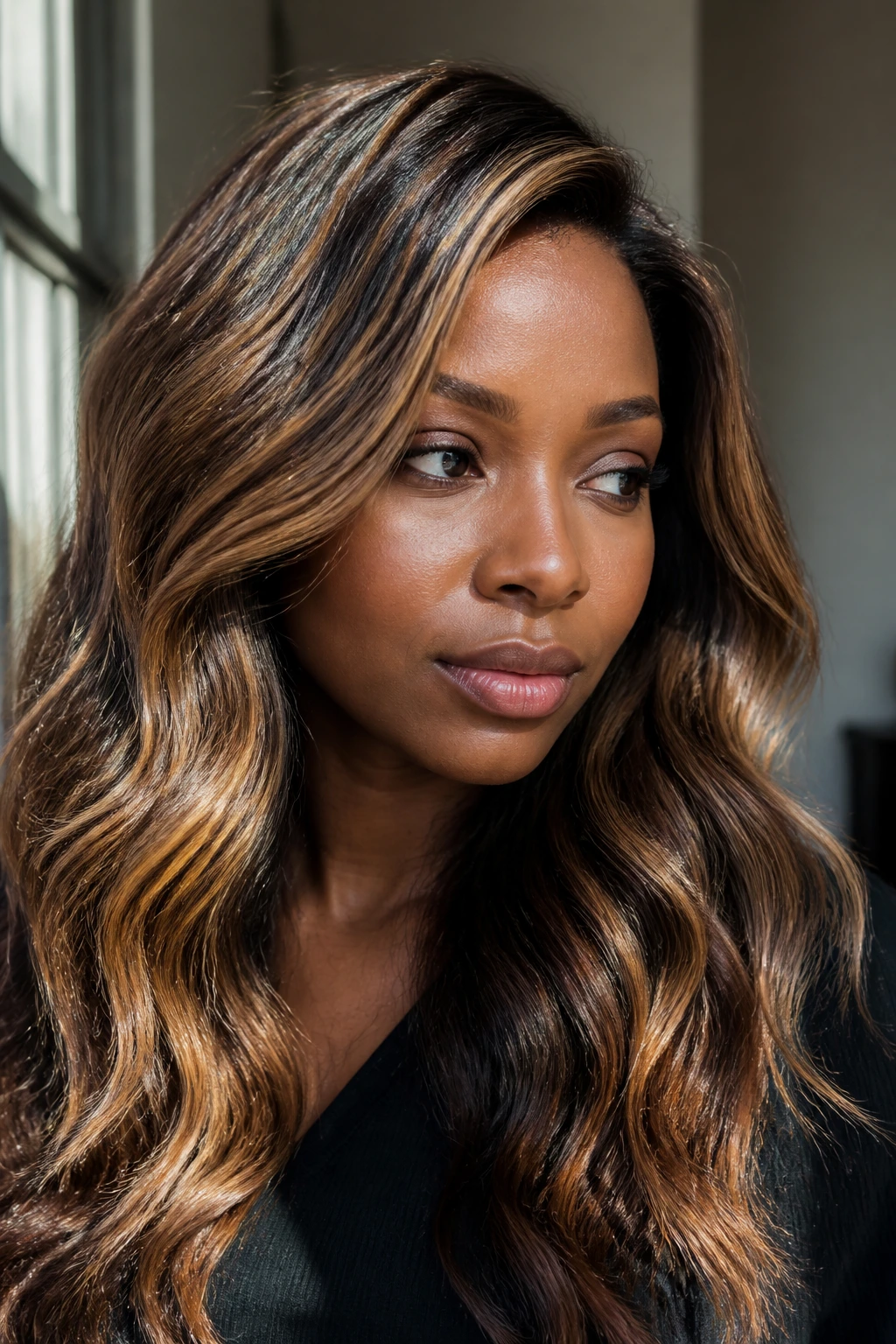 Close-up of a real person showing caramel foilayage highlights on top layers