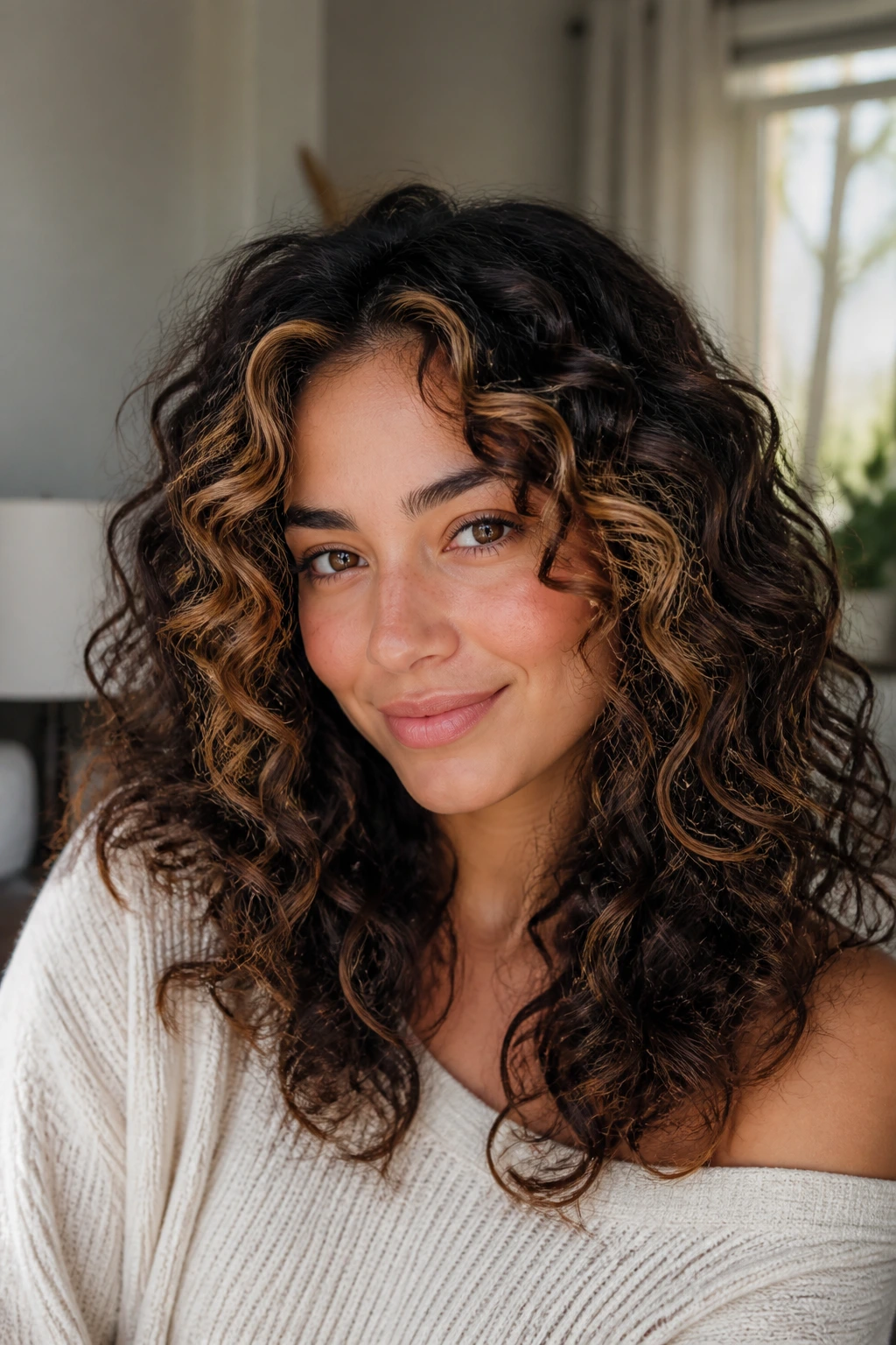 Portrait of brunette curls with caramel framing around the face.