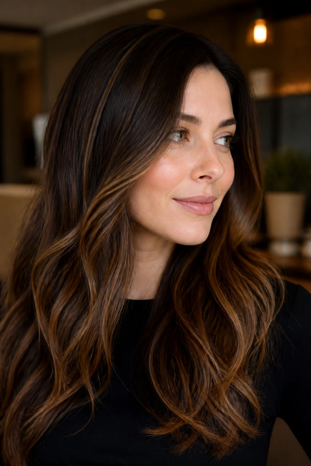 Real woman with brunette hair glazed with caramel showing dimensional shine