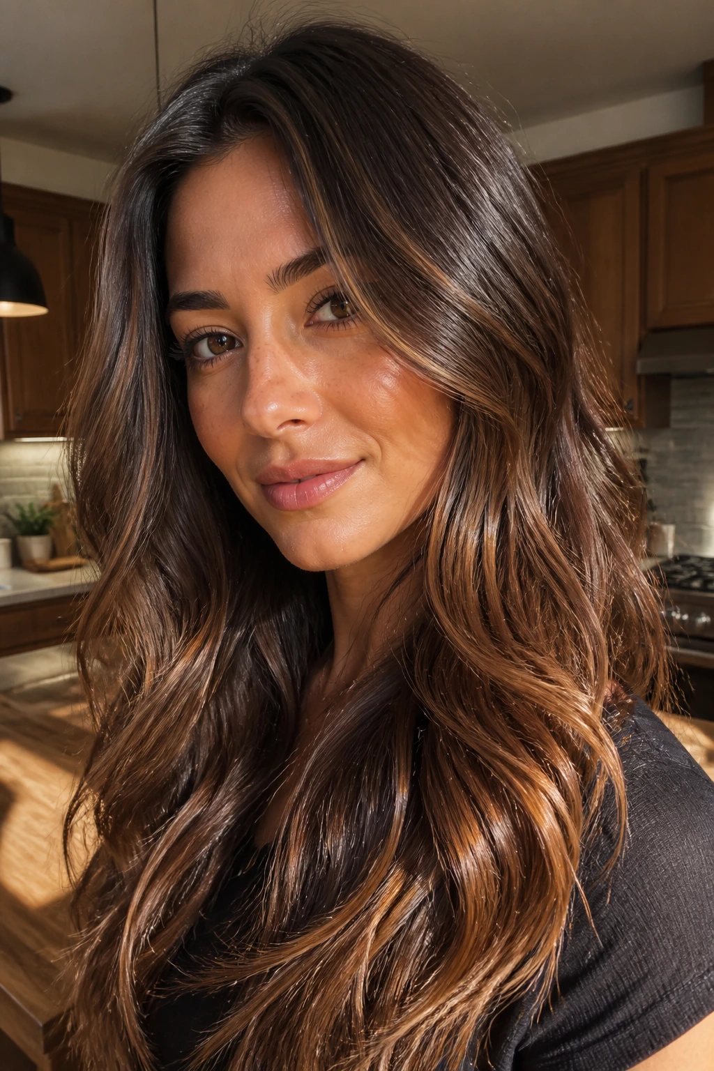 Close-up of dark brown hair with subtle caramel gloss on tan skin