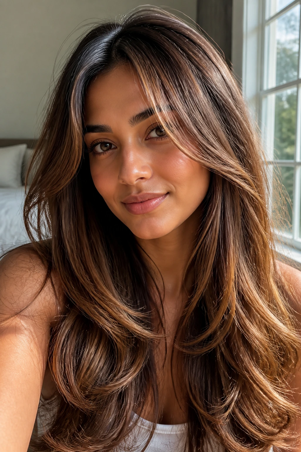Close-up portrait of a real woman with long layered hair and caramel gloss in natural light