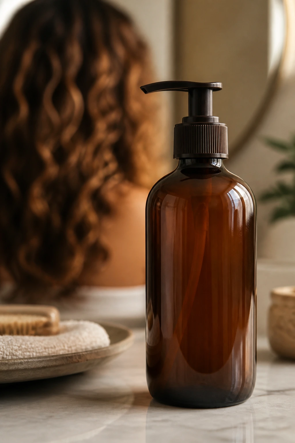 Gloss bottle on bathroom counter with background hair blur