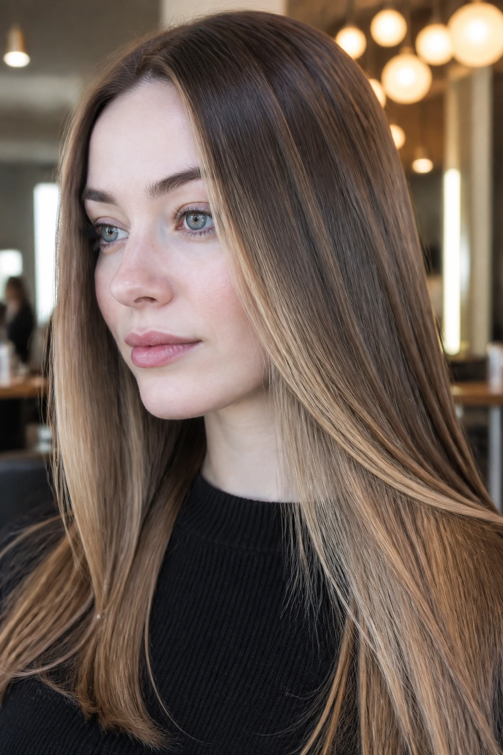 Close-up of straight hair with caramel gloss panels on a real person in warm salon light
