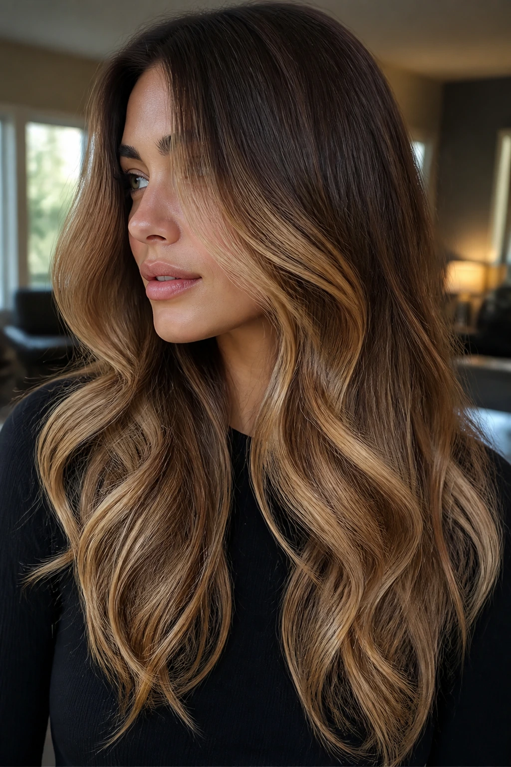 Brunette with caramel gold melt from roots to ends