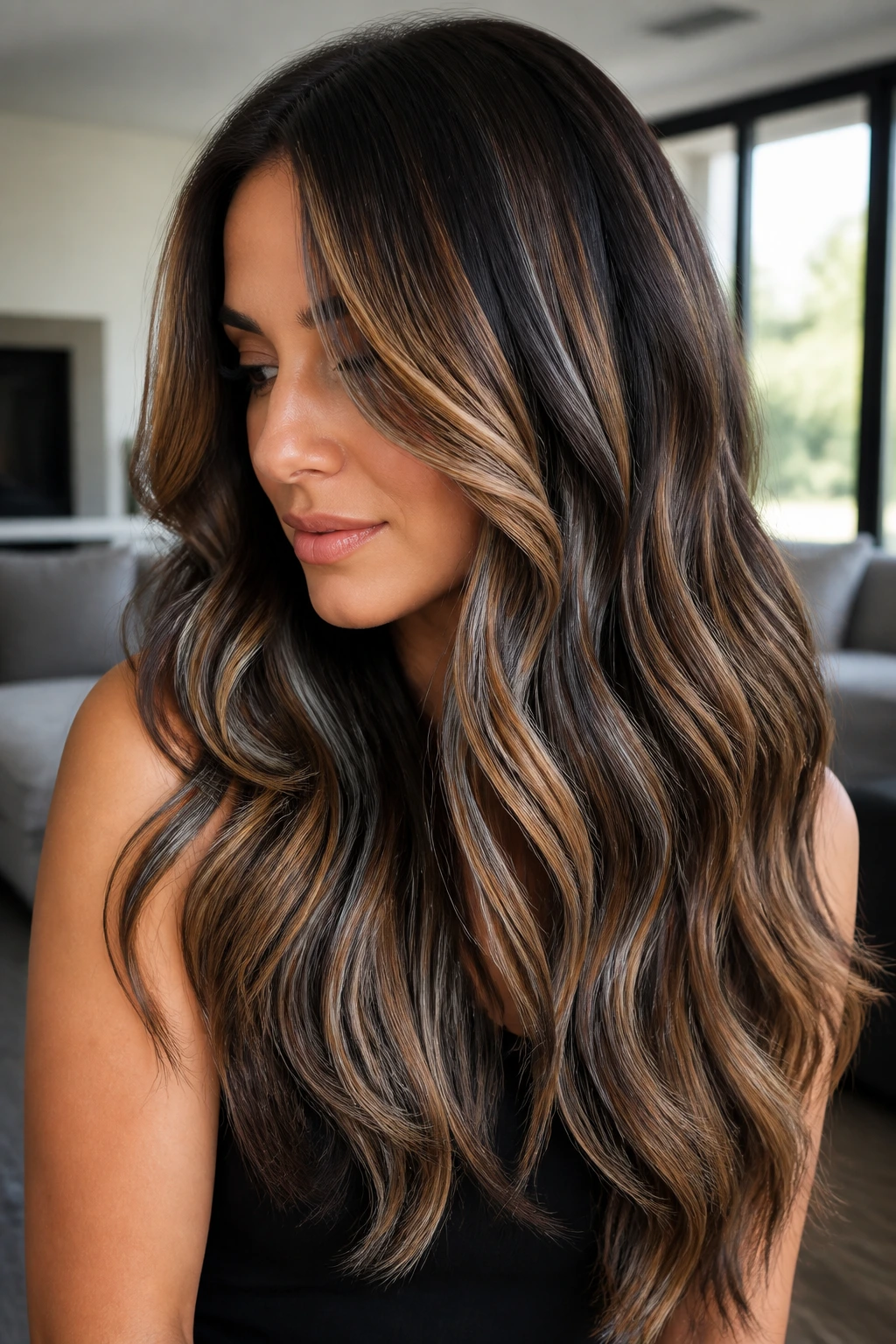 Medium close-up of brunette hair with graphite ribbons and caramel tones.