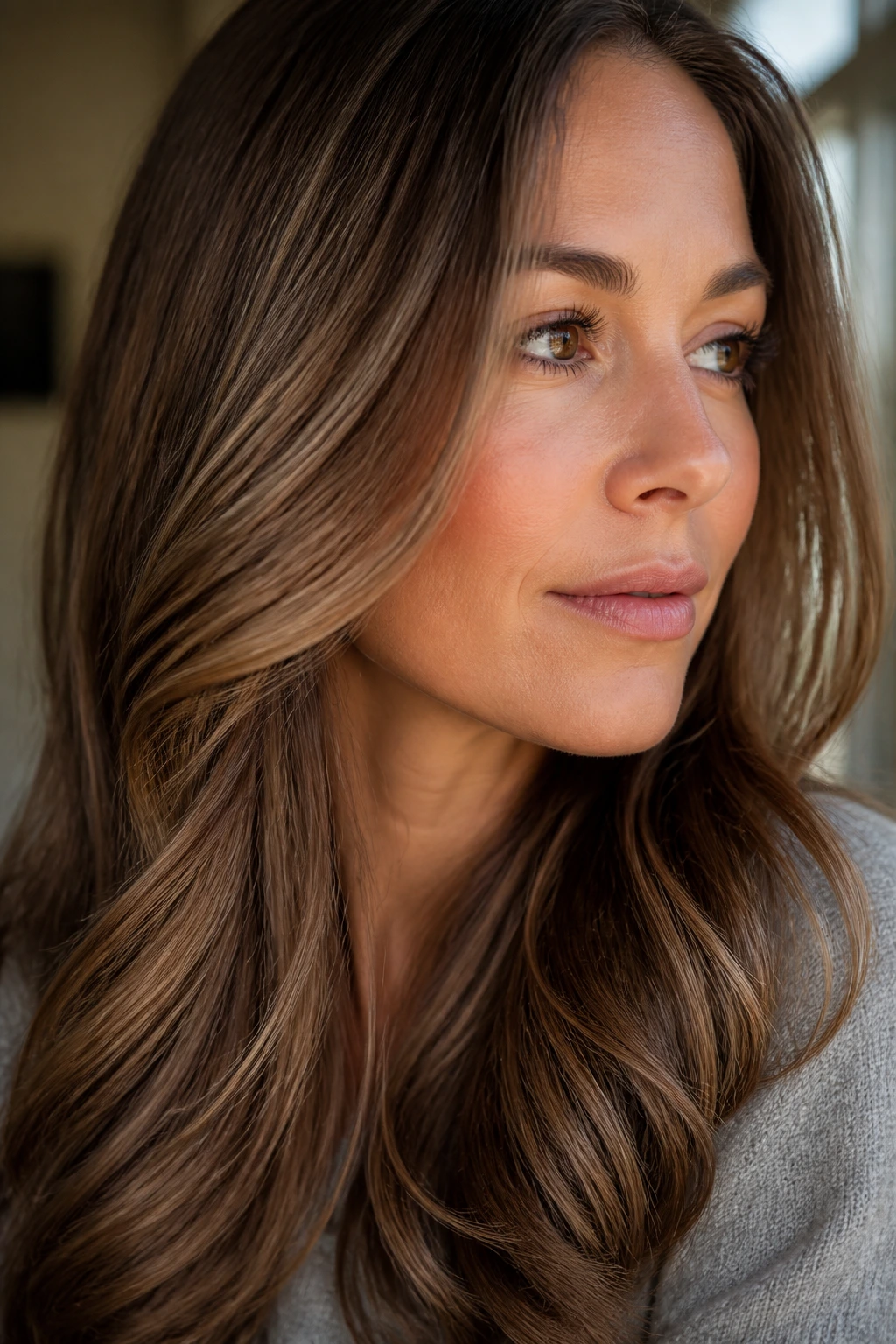 Close-up portrait of chestnut caramel hair with cool gloss on a real woman