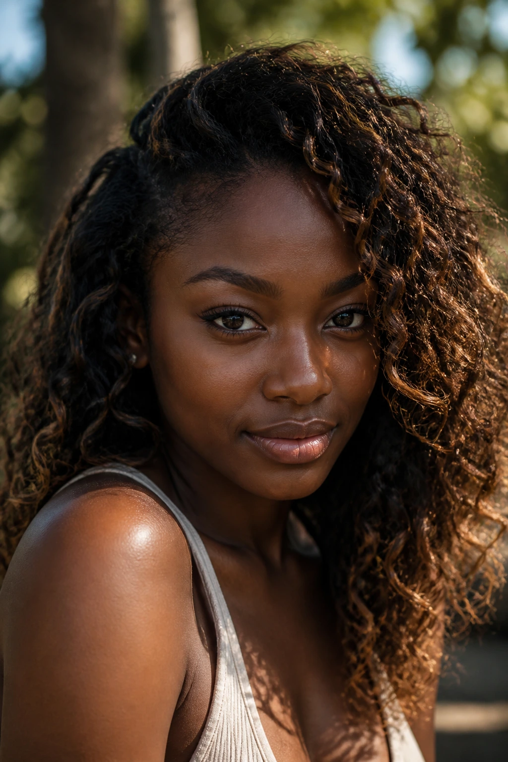 Close-up of deep-skinned person with caramel-rich hair against skin.