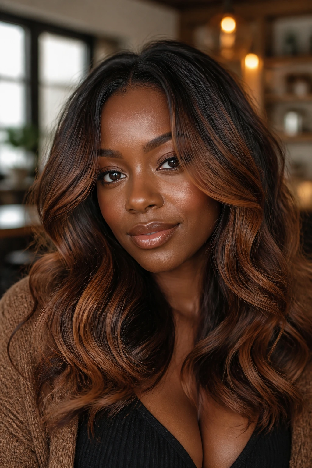 Close-up portrait of a person with deep skin showing caramel hair framing the face.