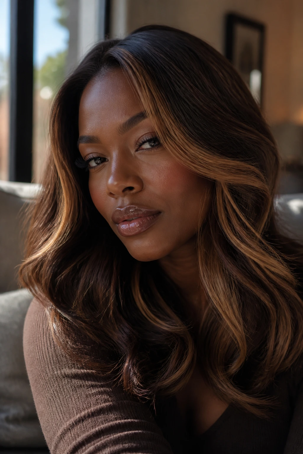 Close-up portrait showing brown caramel hair on deep skin with warm highlights
