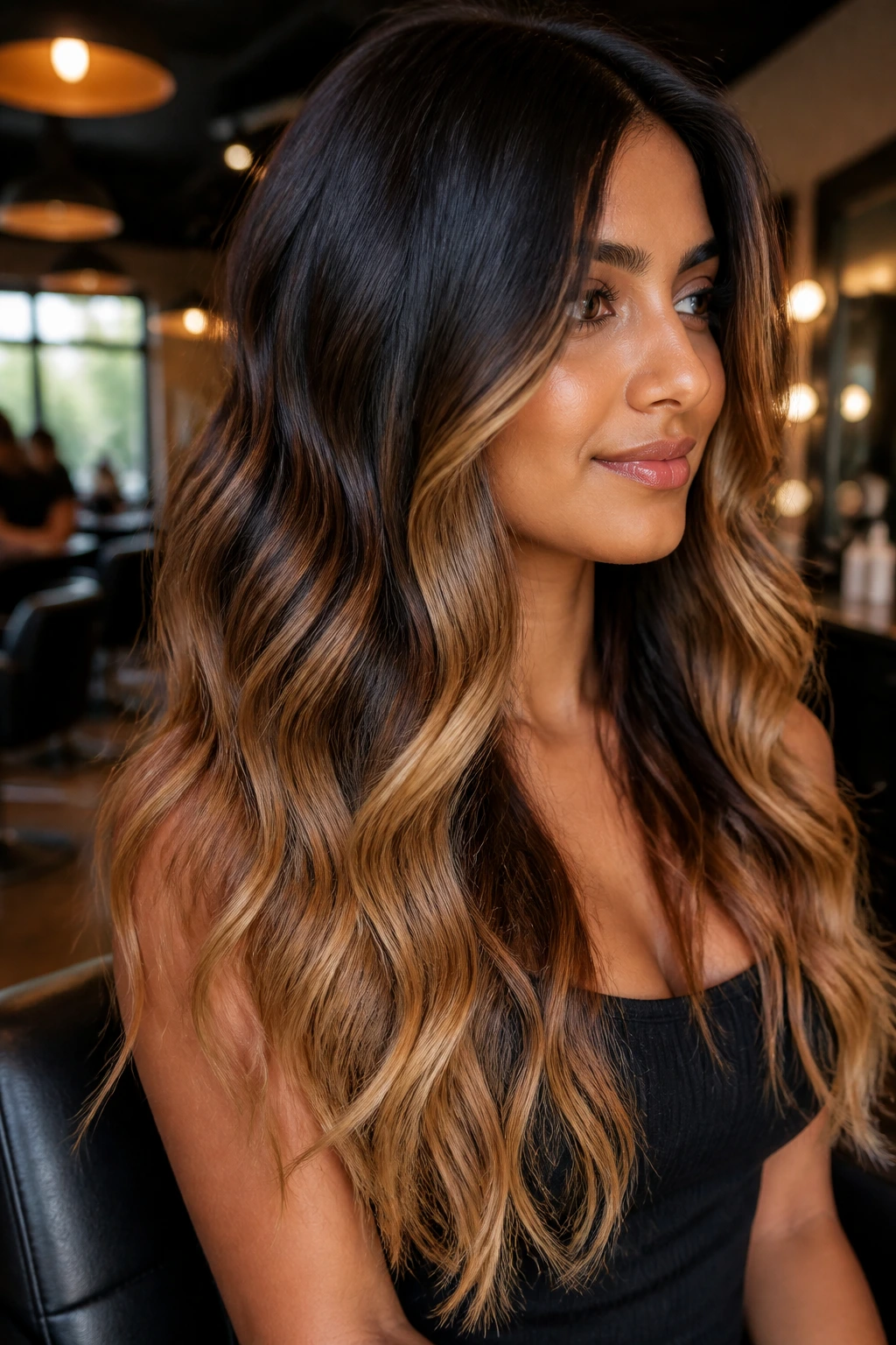 Close-up portrait of a real person with espresso-brown roots fading to caramel and golden ends