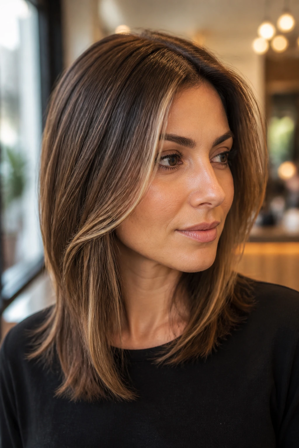 Close-up portrait of a real woman with fine hair showing narrow caramel highlights and soft root melt
