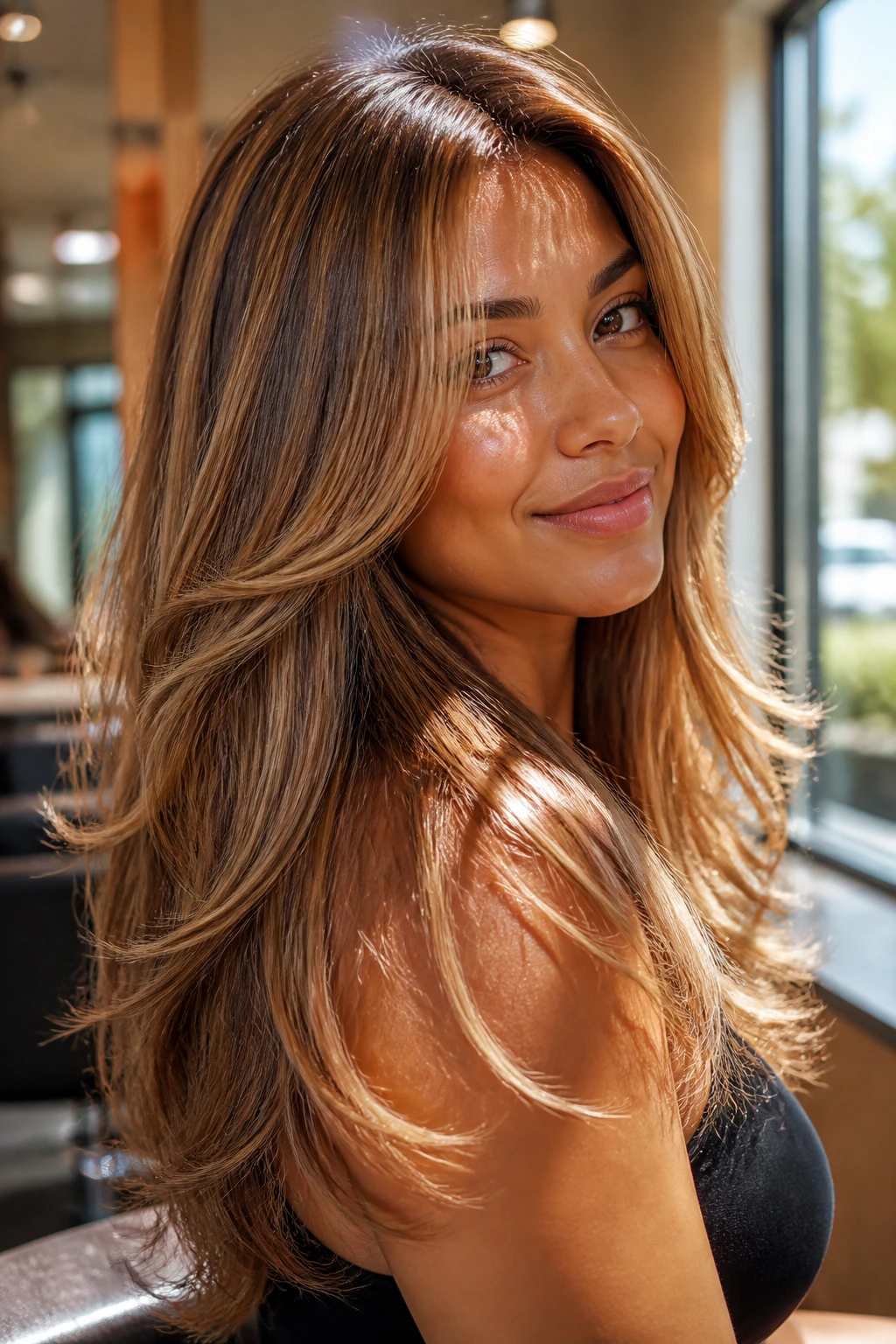 Real woman with sunlit caramel layered hair and glossy finish in a sunlit salon
