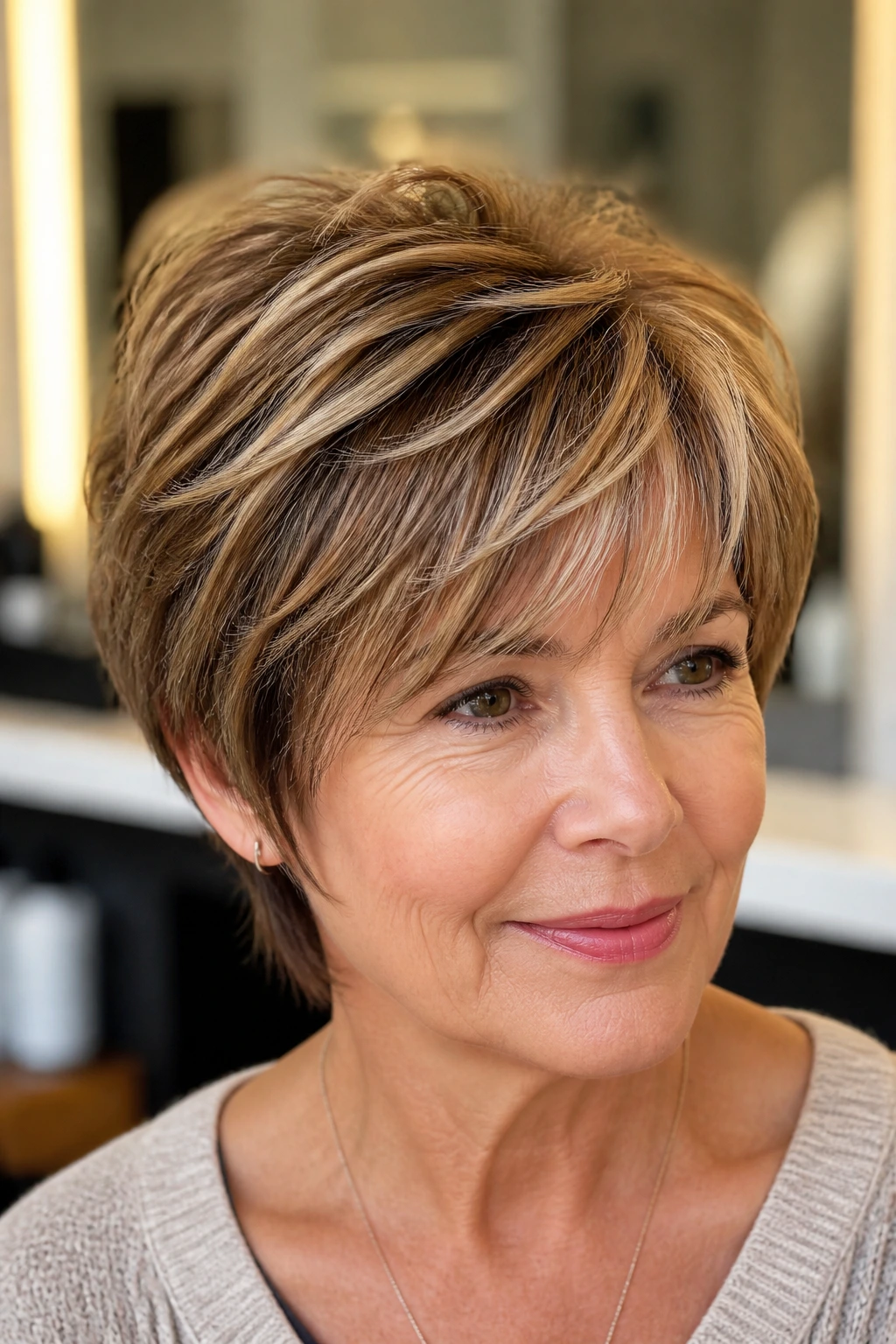 Close-up of a real woman with a short caramel cut showing subtle highlight variations.