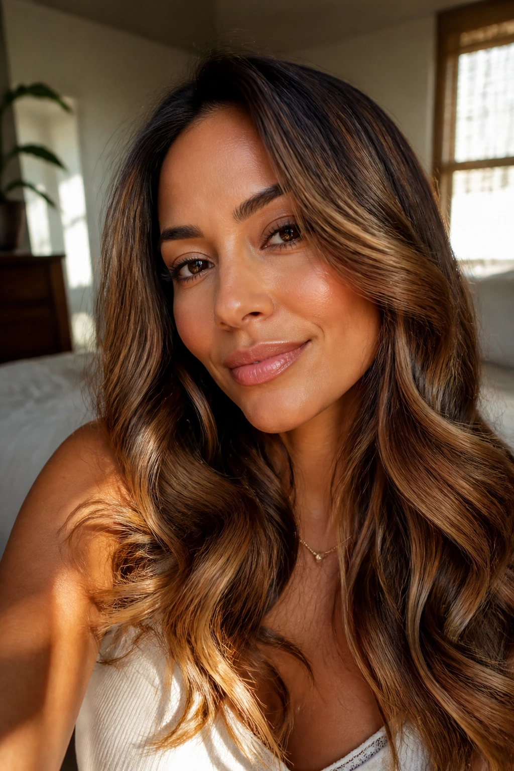 Portrait of a woman with loose waves highlighting caramel warmth.
