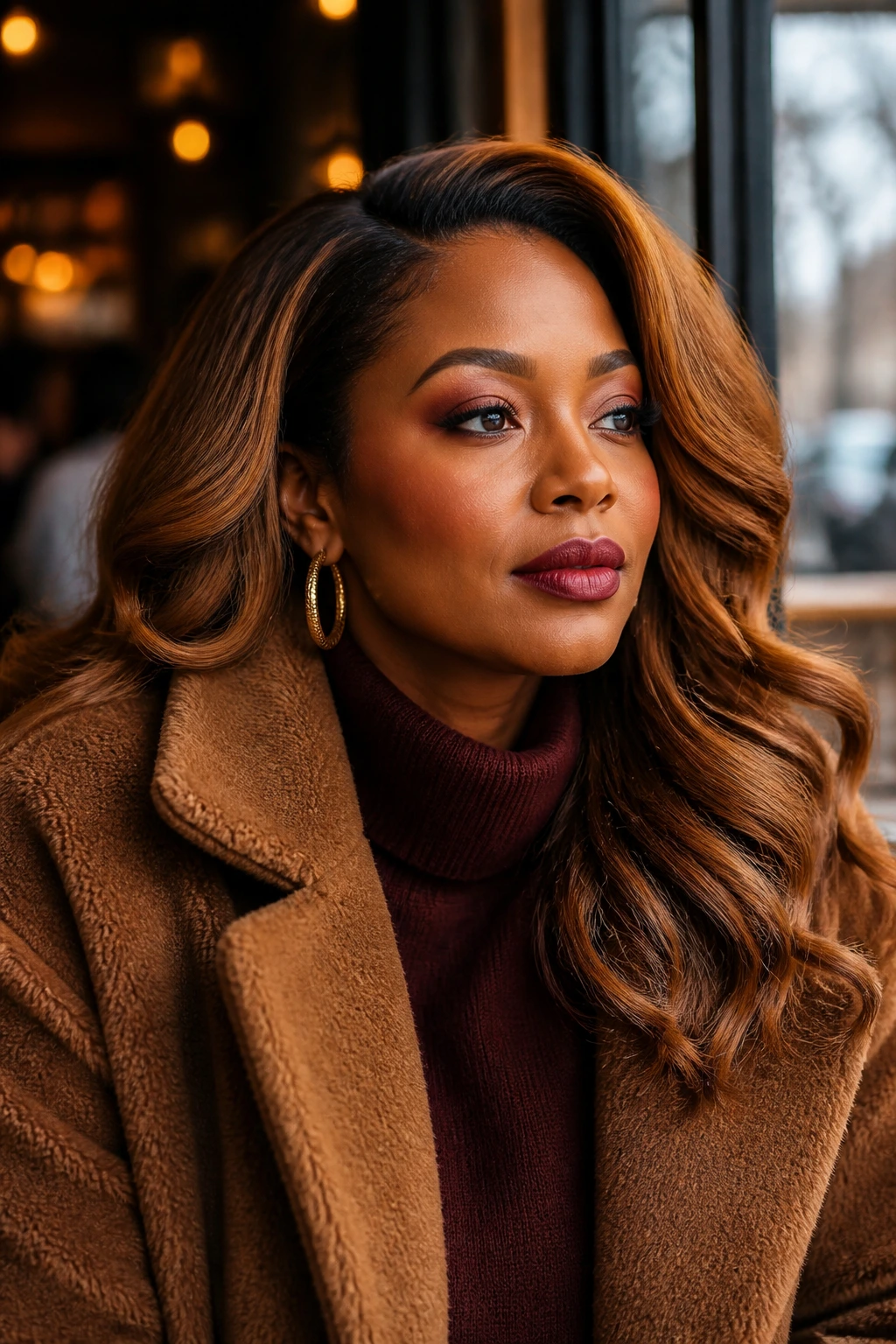 Portrait of a woman with caramel hair wearing gold hoops and warm makeup in a winter setting