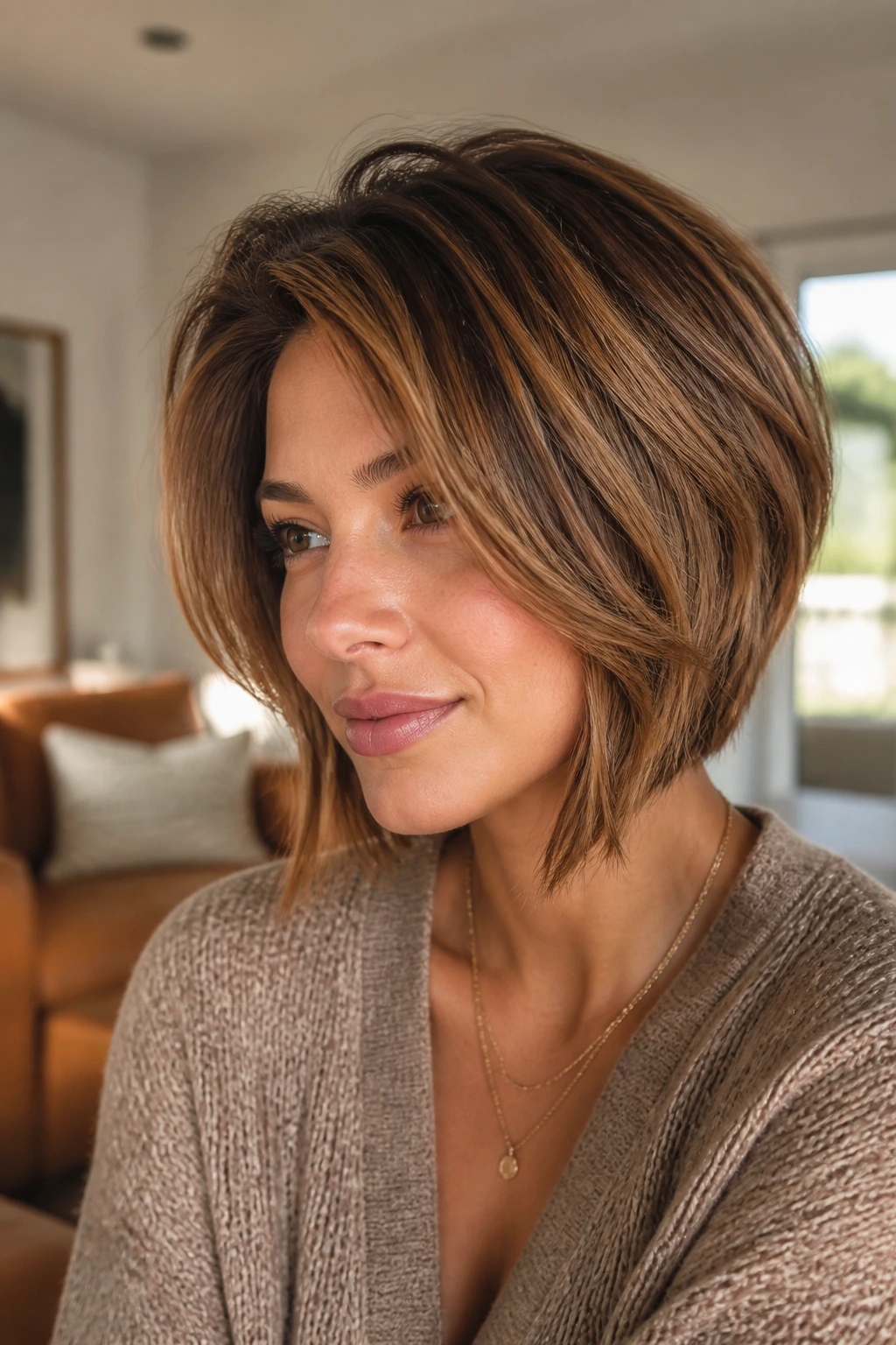 Close-up portrait of a real person with warm caramel hair framing the face
