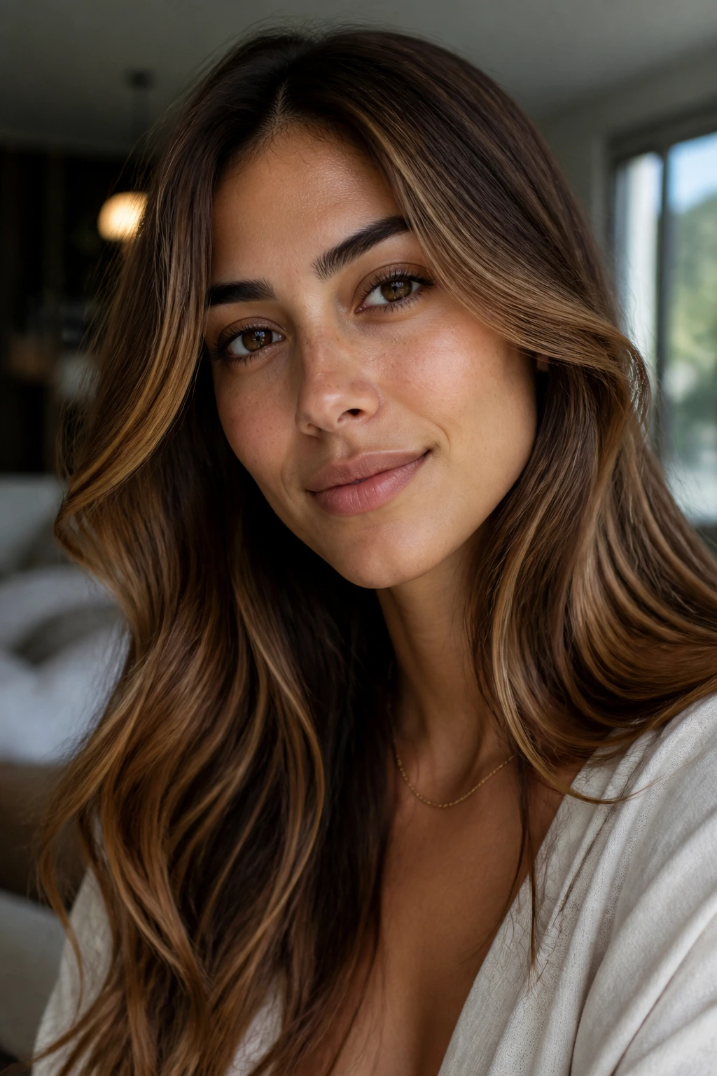Close-up of olive-skinned woman with caramel brown hair.