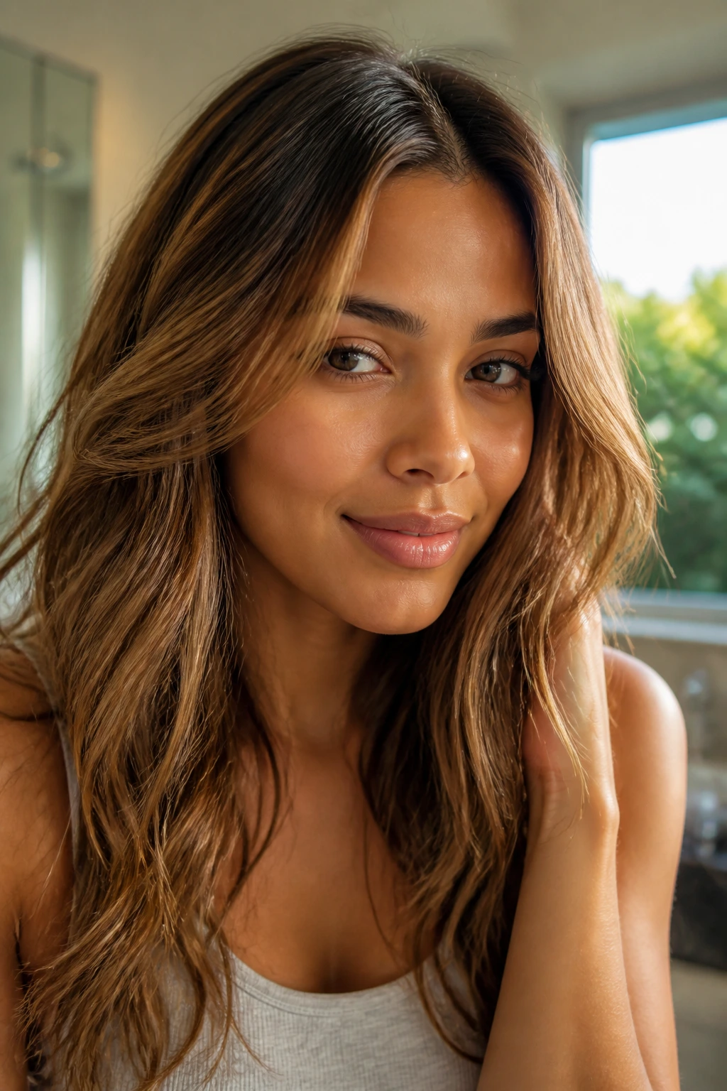 Portrait of a person with fresh-looking caramel hair under warm light