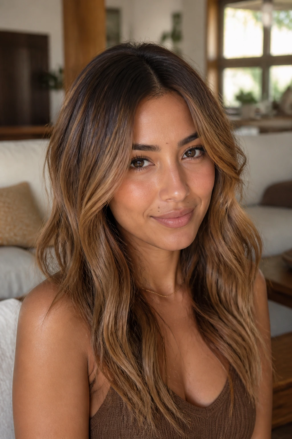 Close-up portrait of a real person with caramel hair showing darker roots for easier grow-out