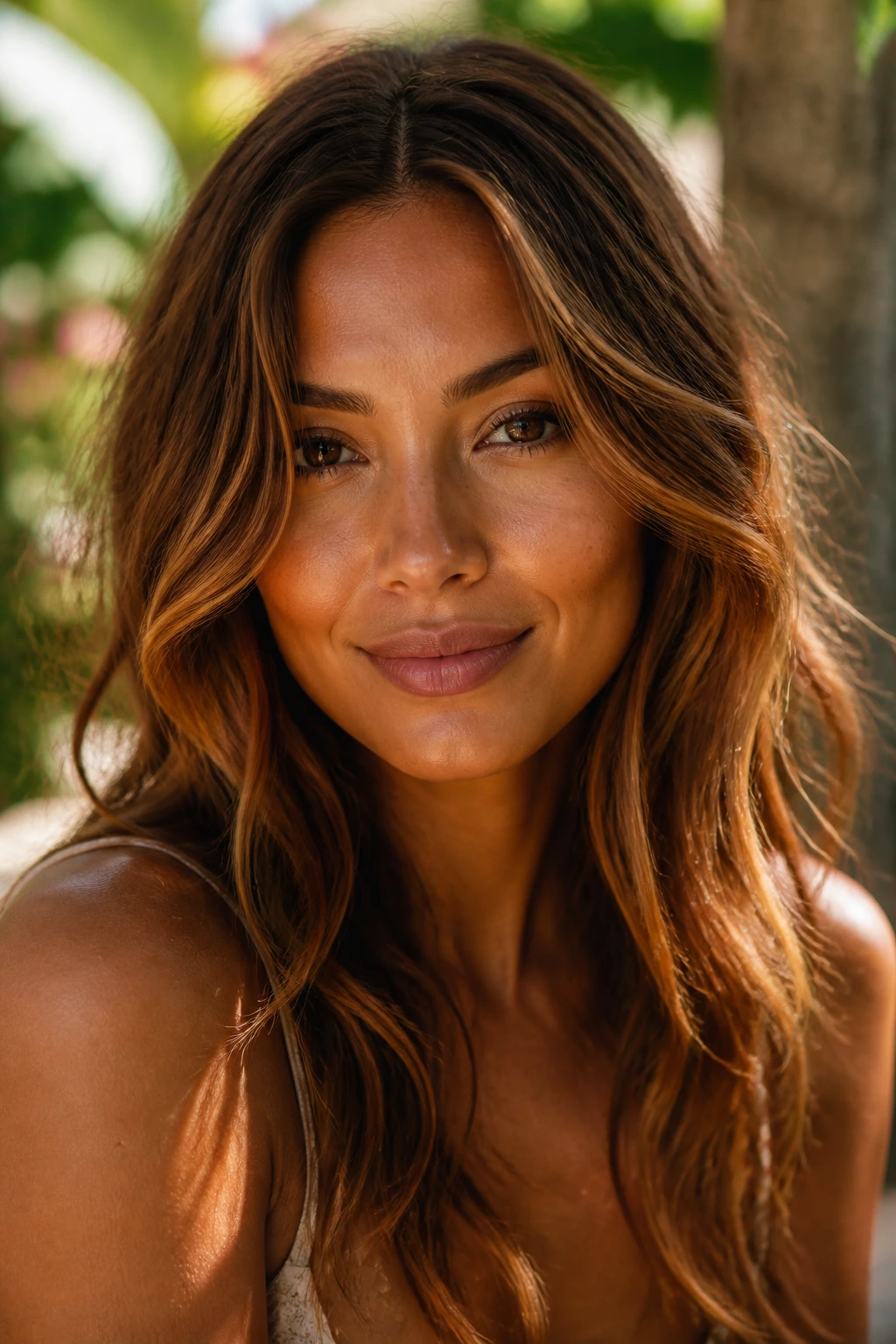 Close-up portrait of a real person with caramel brown hair and tan skin in golden-hour outdoor light.