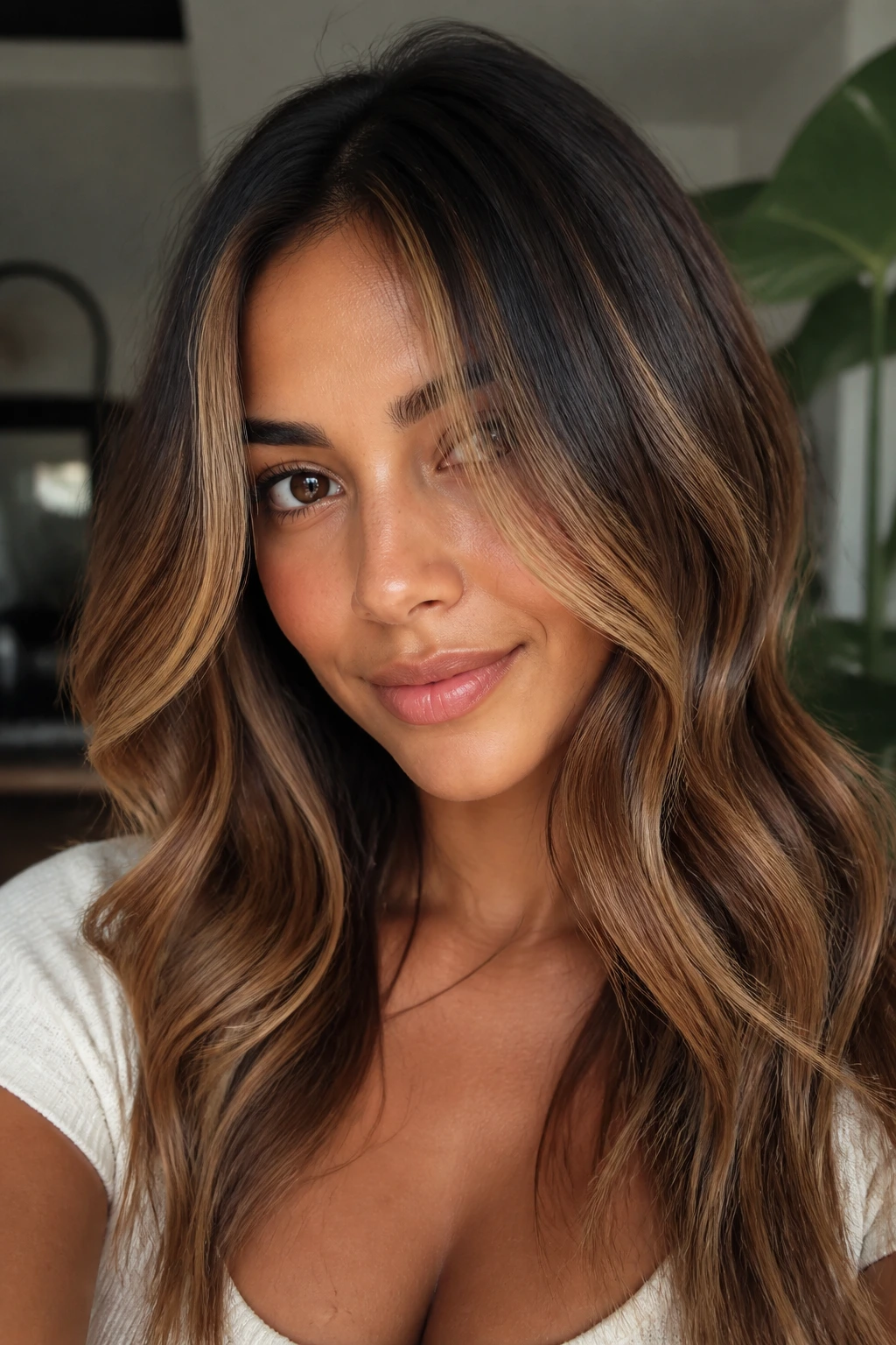 Close-up portrait of a tan-skinned woman with caramel brown hair and rooted balayage highlighting warm bronze tones
