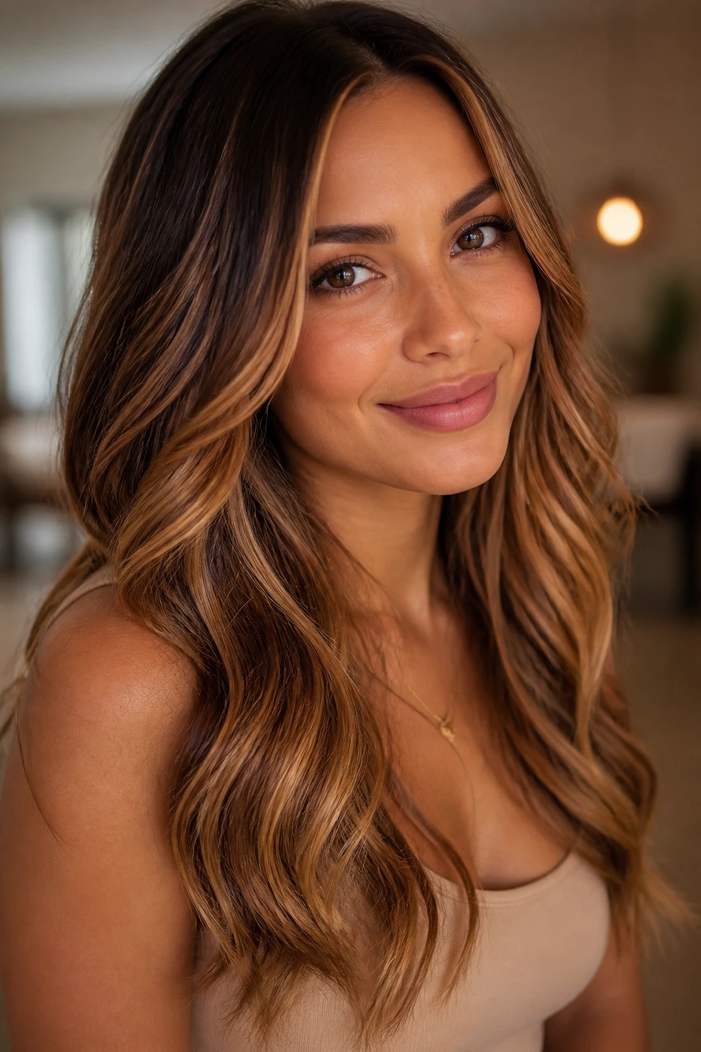 Close-up portrait showing caramel hair tones against warm skin