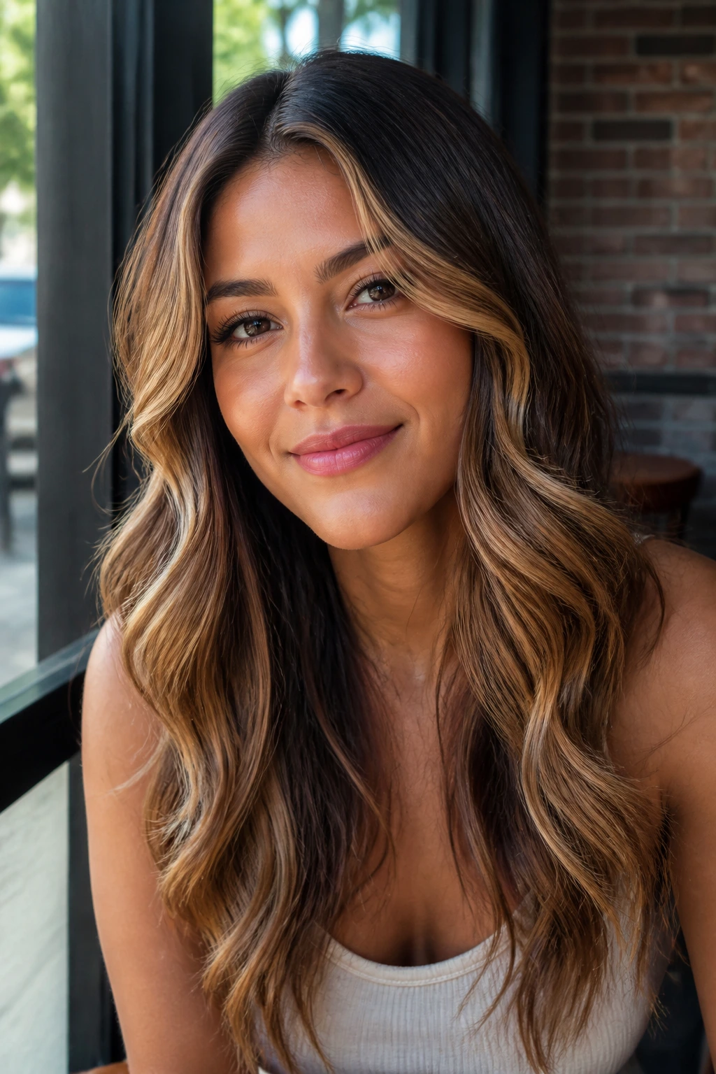 Portrait of a person with caramel hairstyle with waves and lighter face-framing pieces