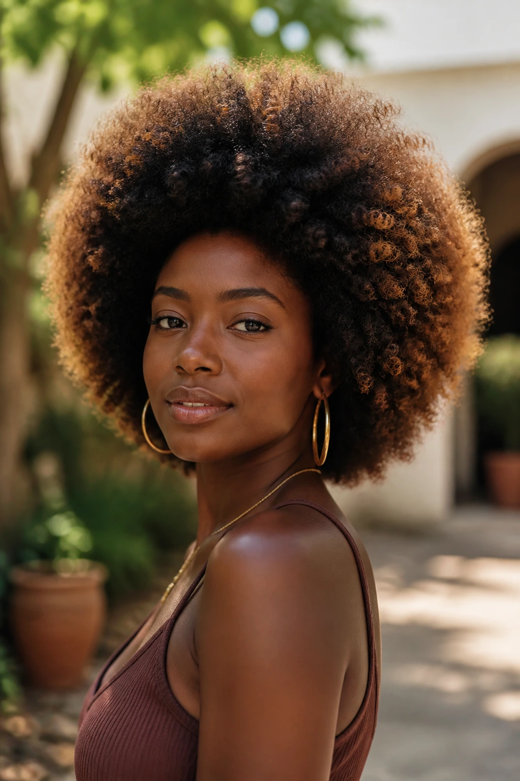 Portrait of a person with caramel halo Afro hairstyle in sunlight