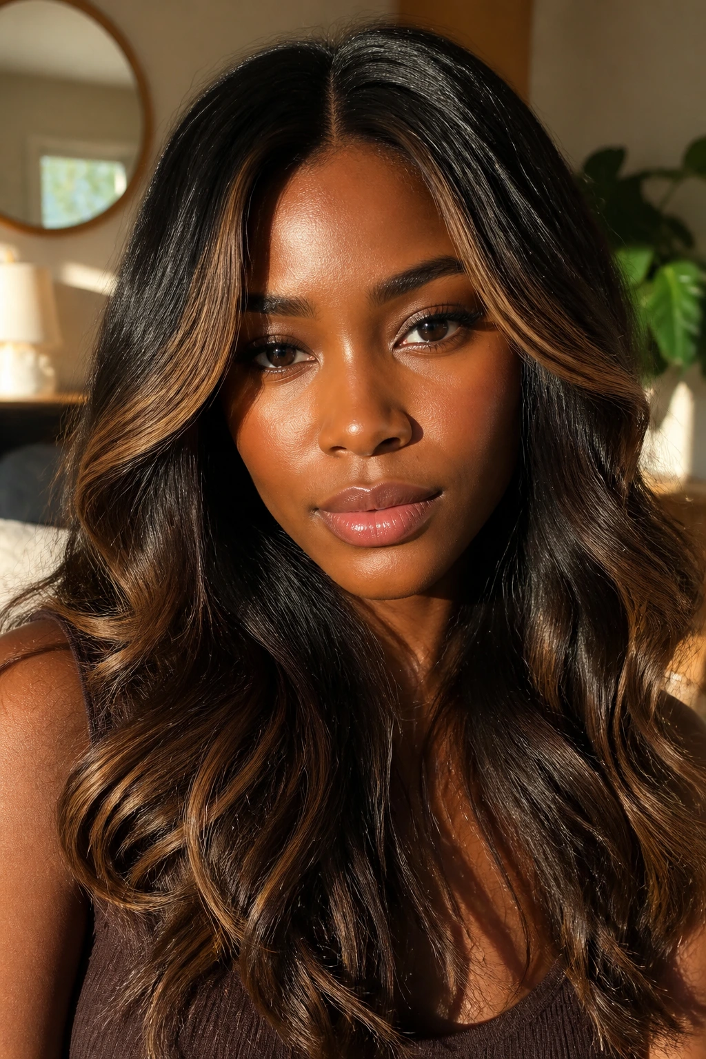 Deep brunette with caramel halo around the face