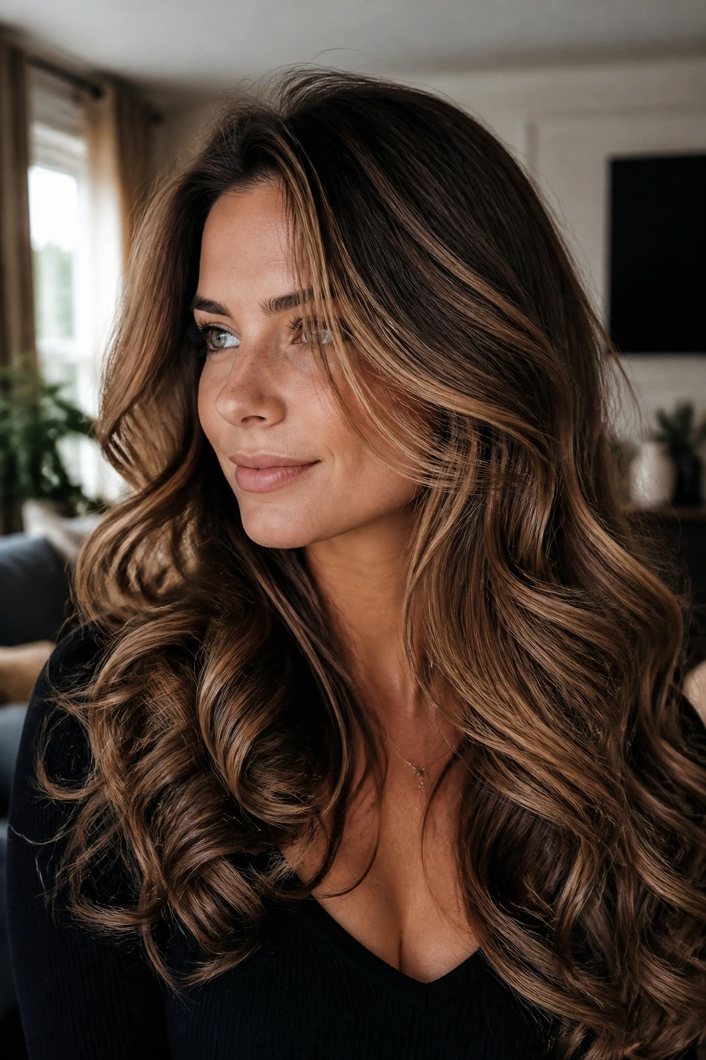Close-up of a real woman with caramel halo balayage on long curls in natural window light
