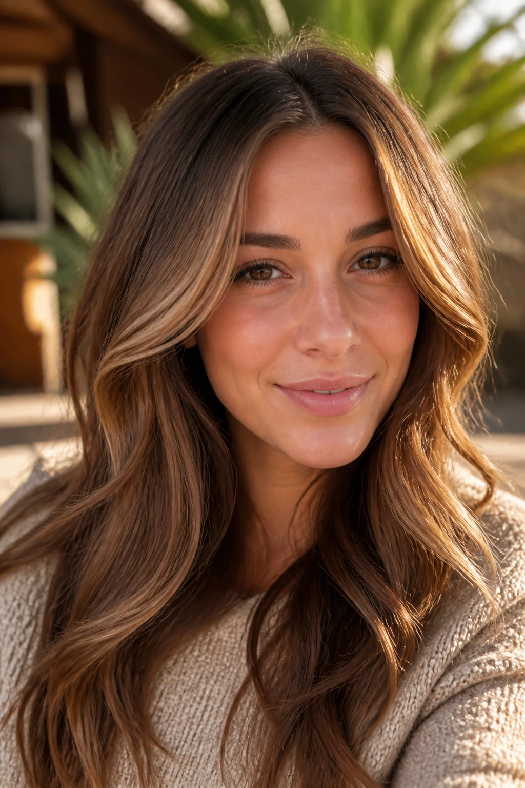Portrait of a brunette with a caramel halo effect at crown