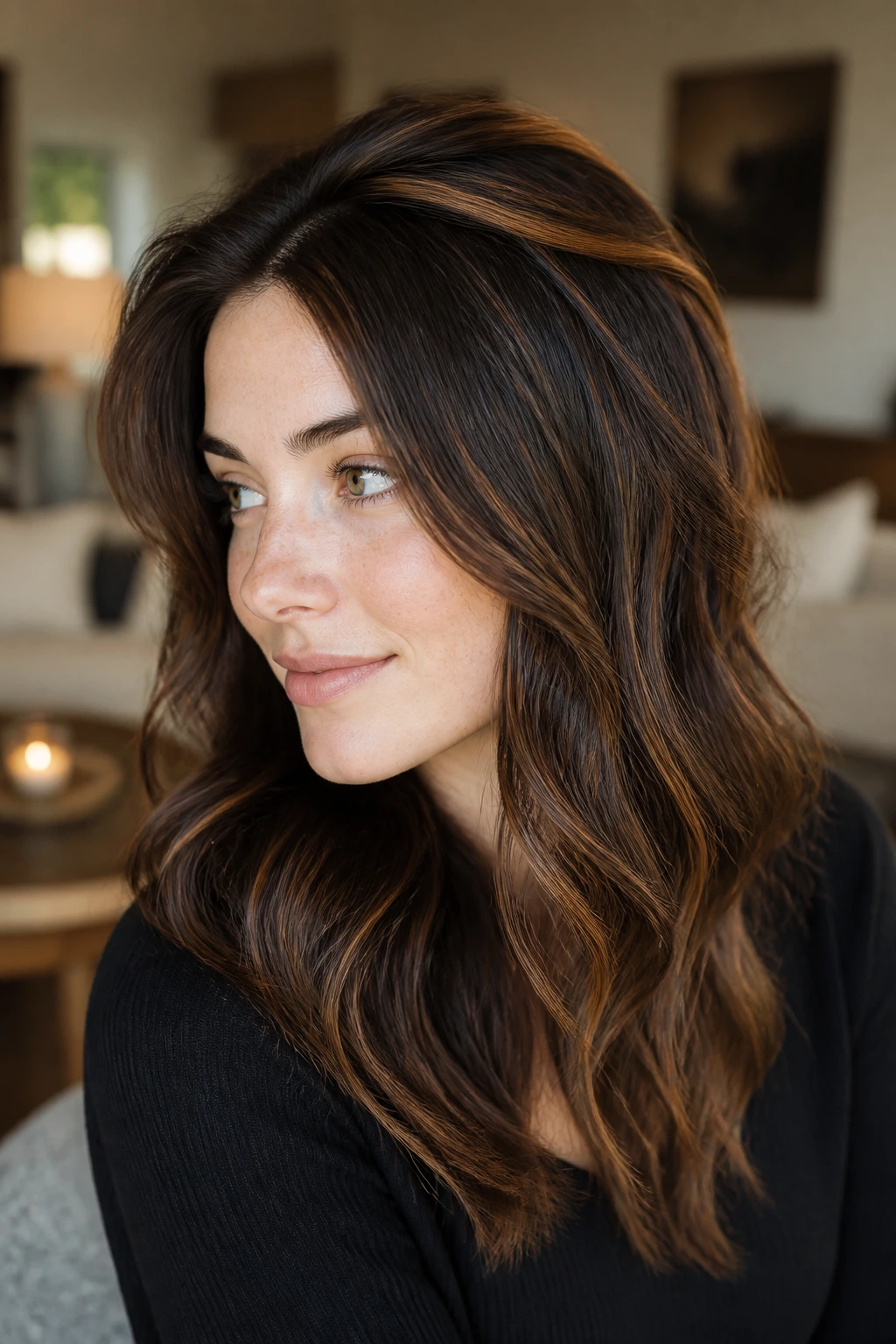 Portrait of a real person showing a caramel halo around the crown for lifted top hair