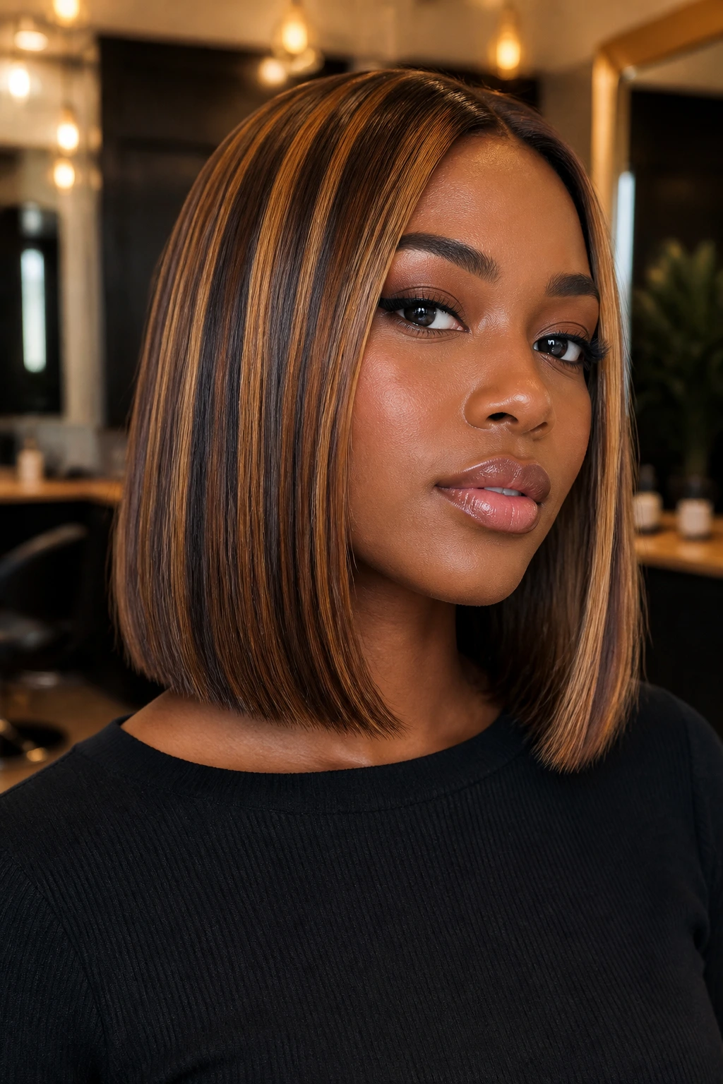 Real person with blunt lob and caramel dark highlights
