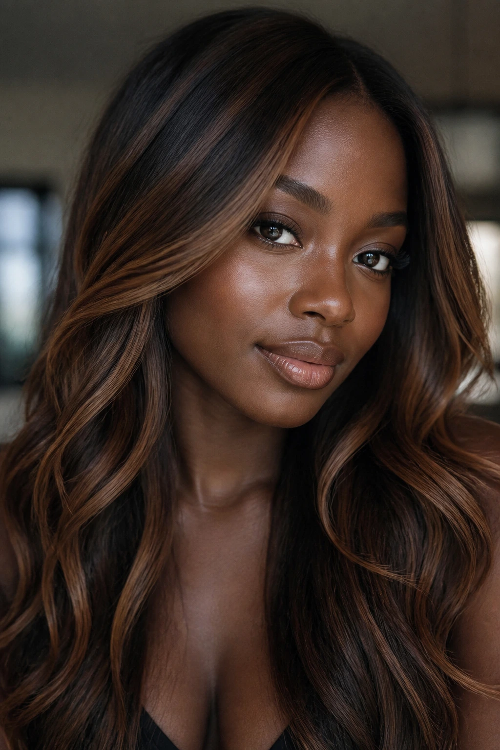 Close-up portrait of dark brown hair with caramel highlights on deep skin