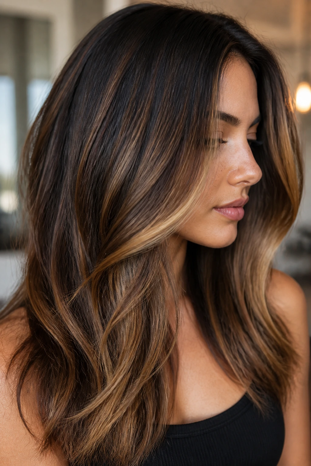 Brunette with caramel highlights showing depth and warmth