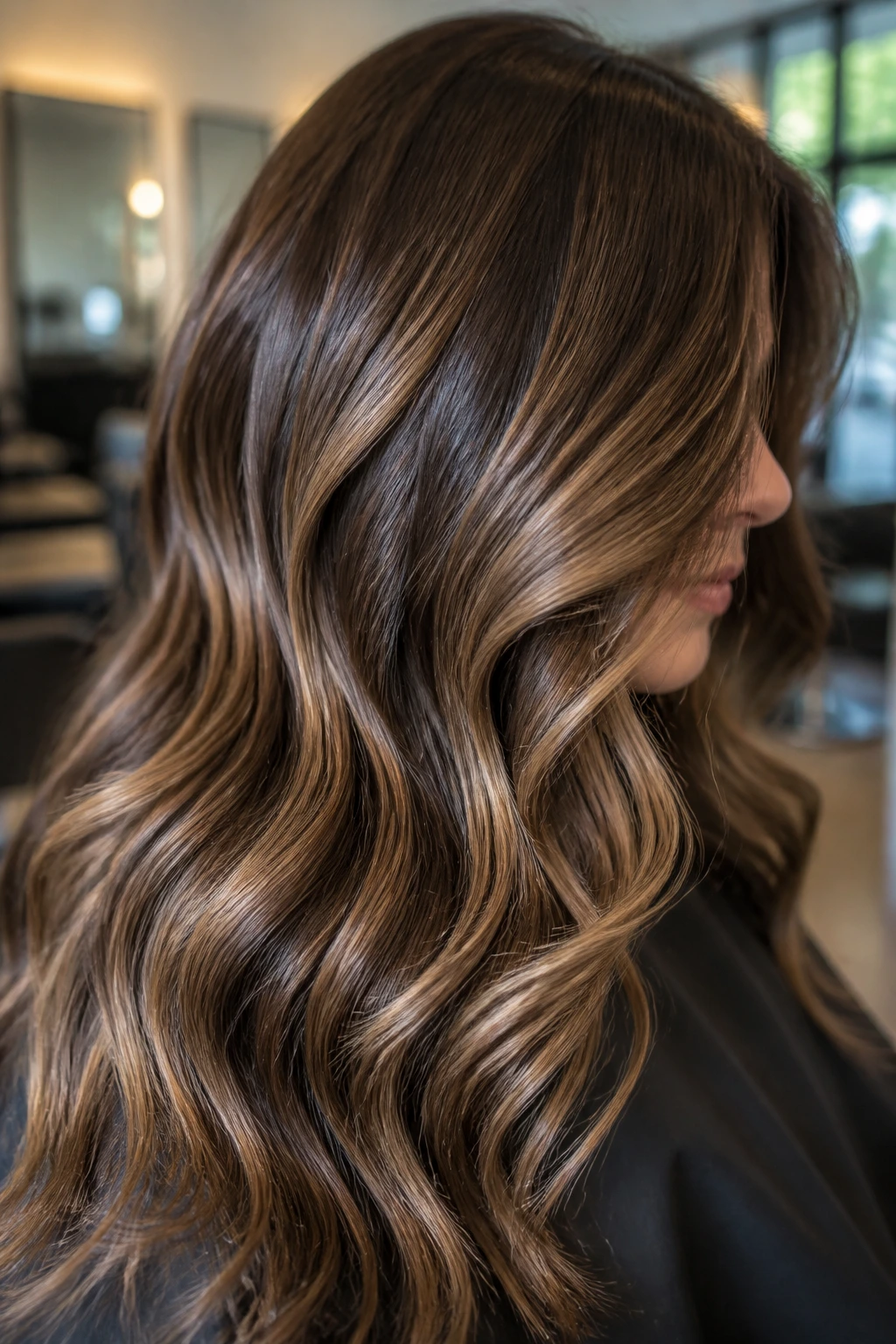 Close-up of brunette hair with caramel highlights and glossy finish in a salon setting