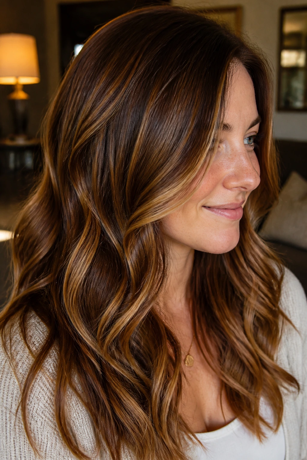 Close-up of chestnut waves with caramel ribbon highlights