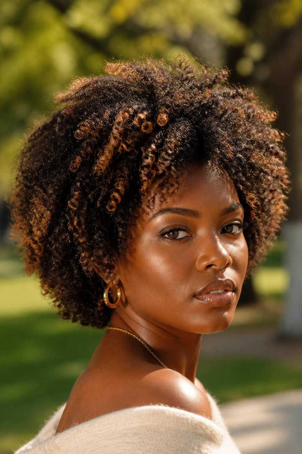 Close-up portrait of a person with coily hair and caramel highlights.