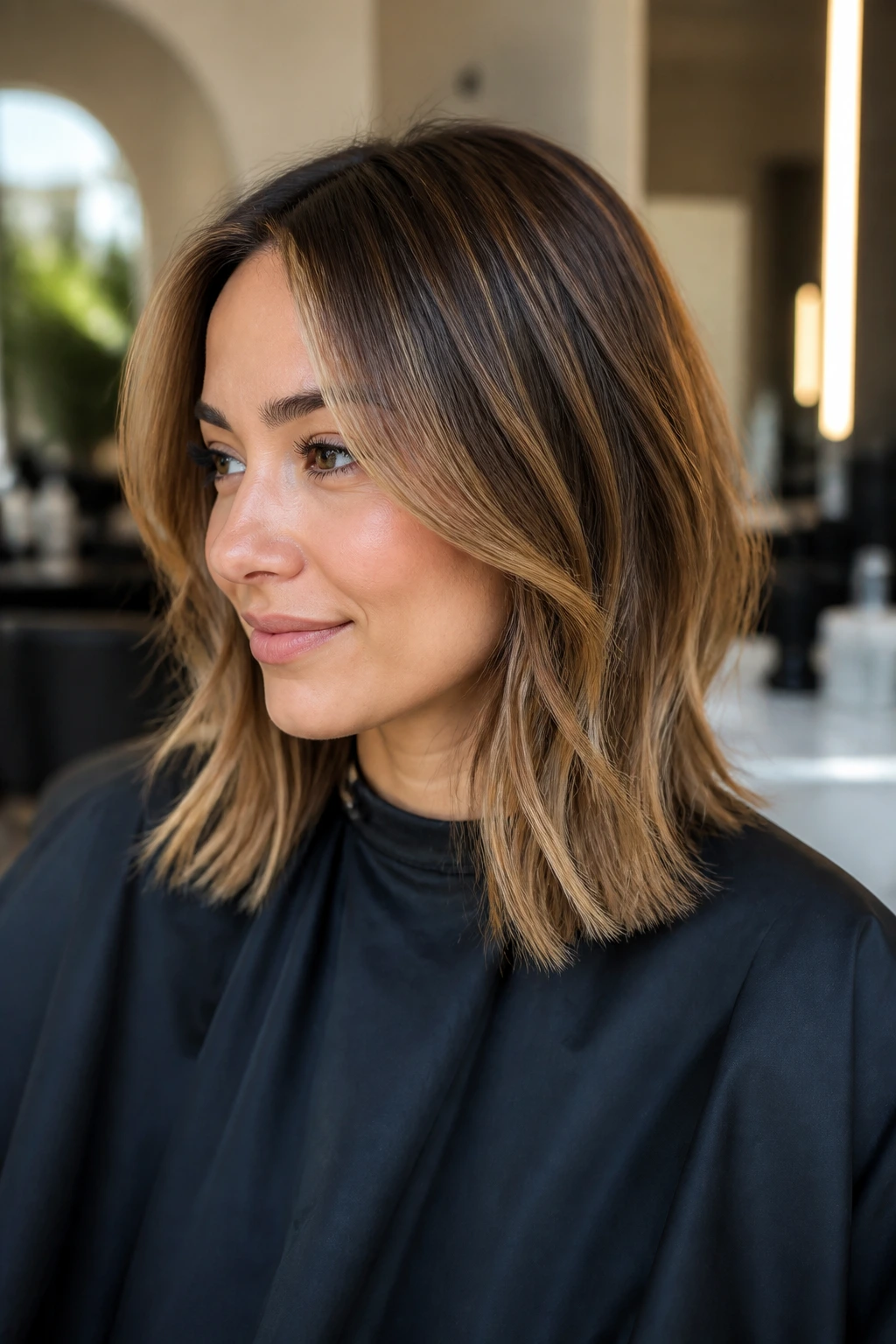 Close-up salon portrait of client with caramel highlights during consultation