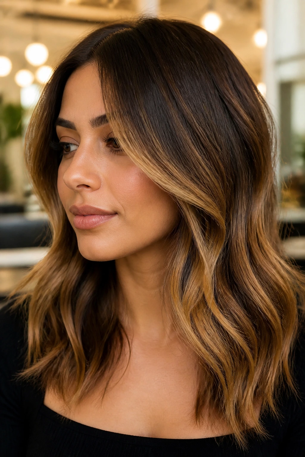 Close-up of a real person showing caramel highlights along cheeks and jawline