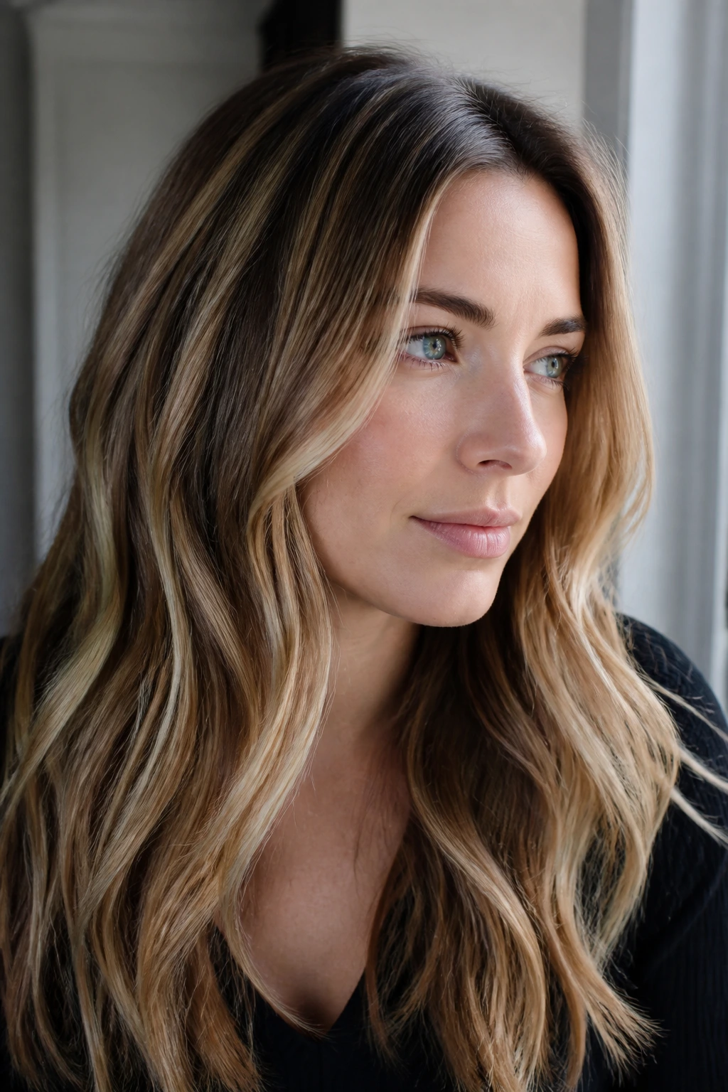 Portrait of a real person with caramel highlights on cool skin, softly lit window setting