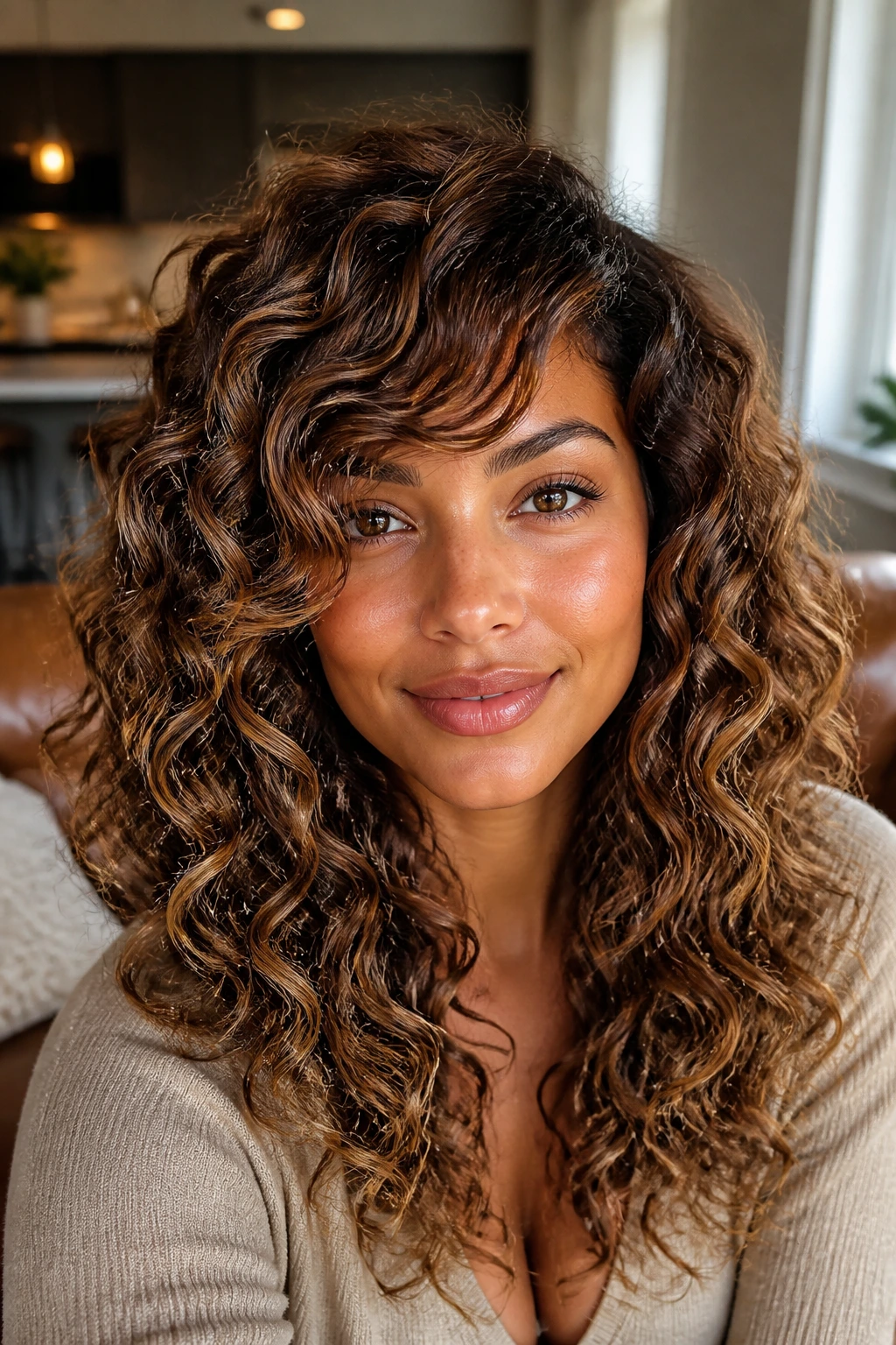 Close up of a real person with curly hair and caramel highlights