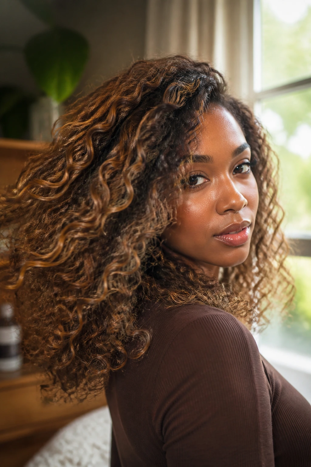 Portrait of a person with caramel highlights in curly hair, movement.