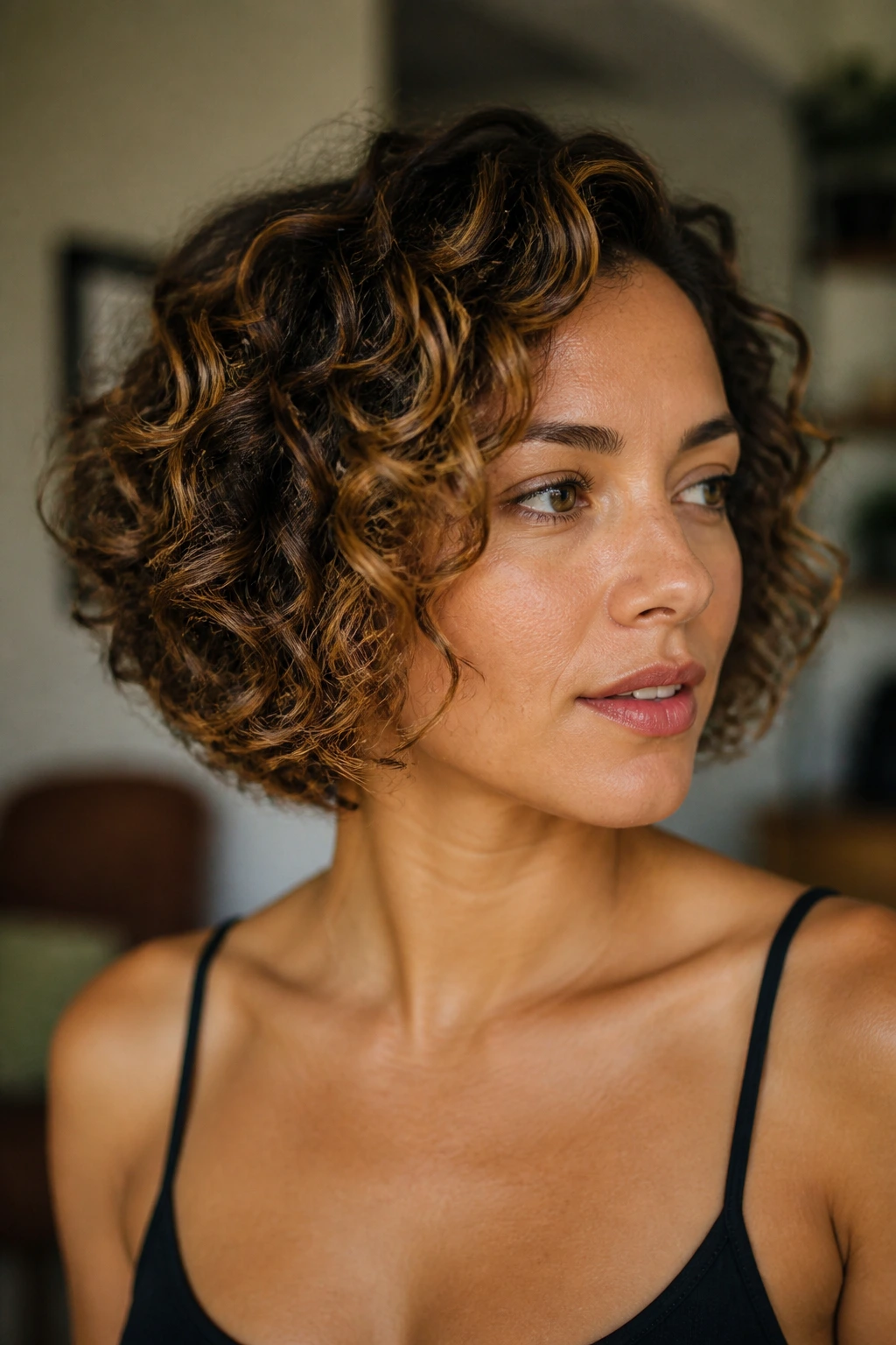 Close-up of a real woman showing how caramel highlights accentuate the curl and crown on a curly bob.