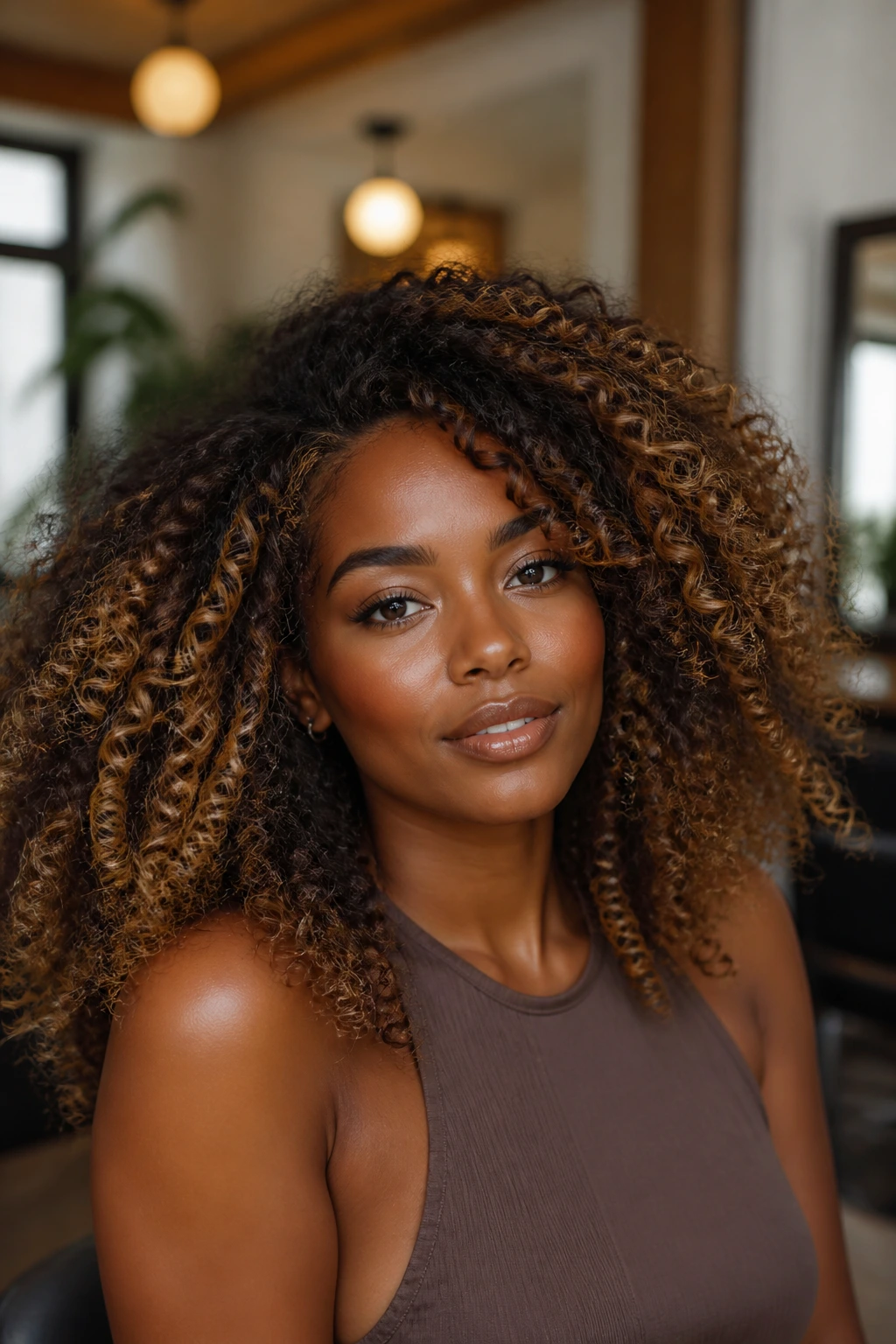 Curly-haired woman with caramel highlights in soft honey and bronze tones