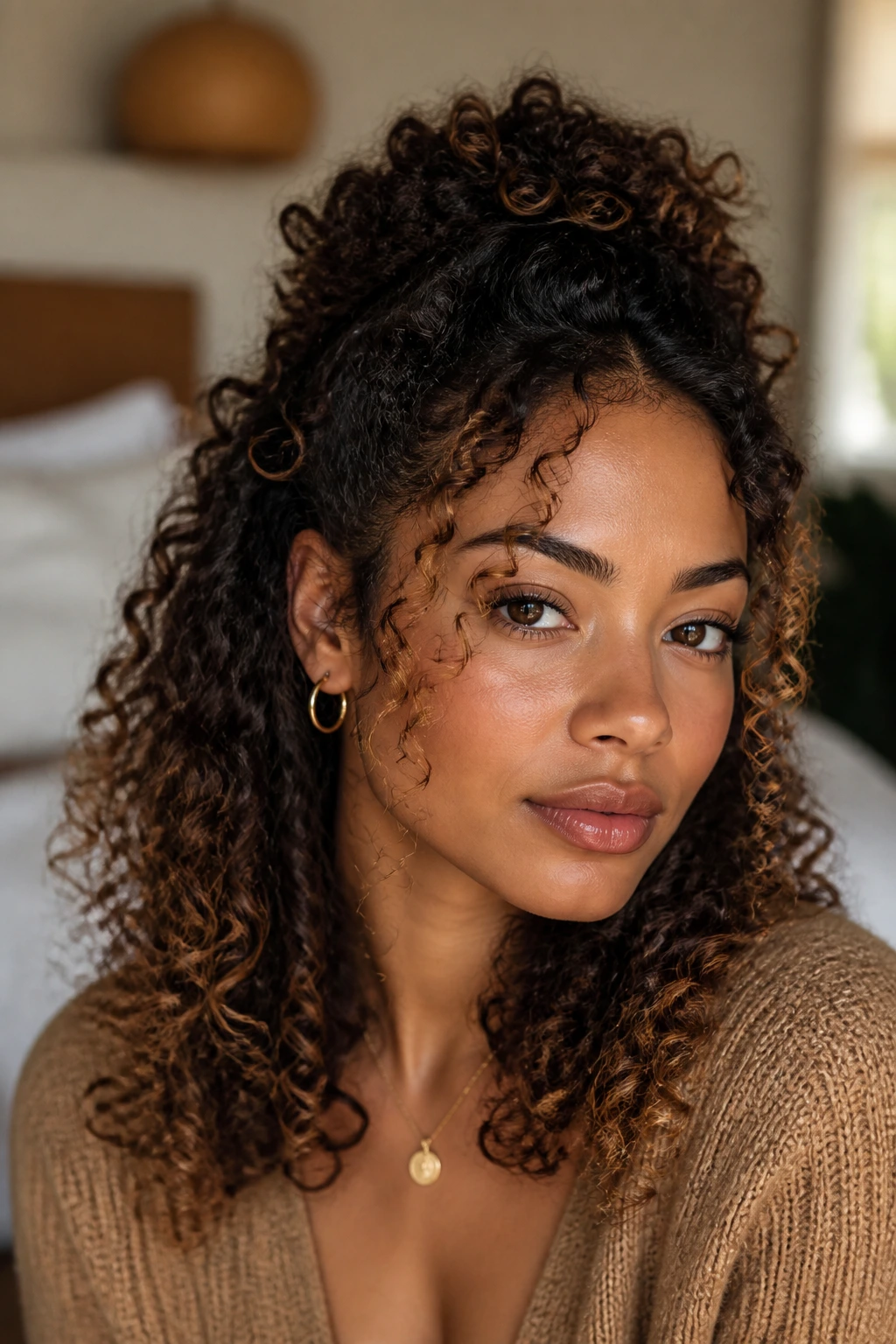 Close-up of a real person with curly hair showing face-framing caramel highlights in warm light