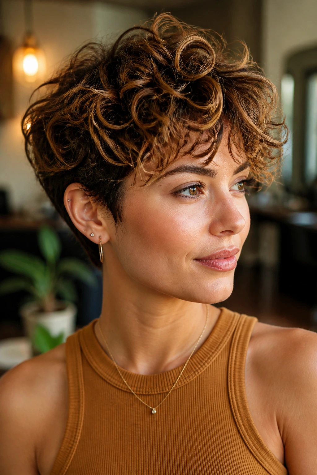 Curly pixie with caramel highlights in a warm setting