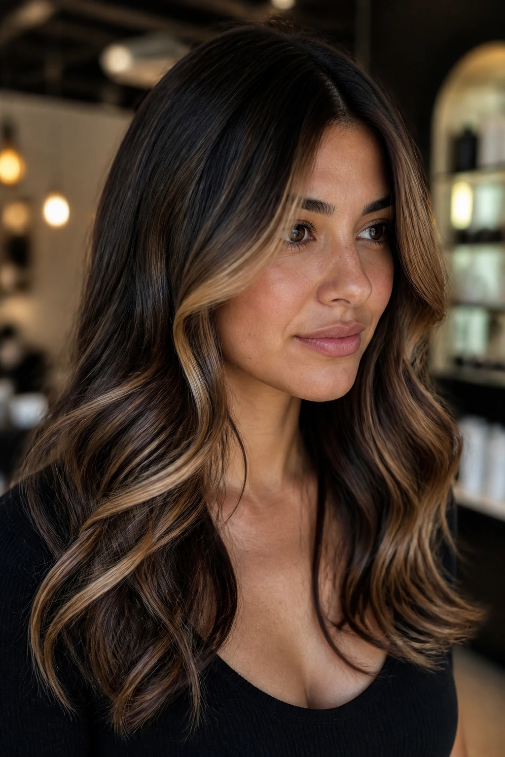 Brunette with caramel and light brown highlights showing movement