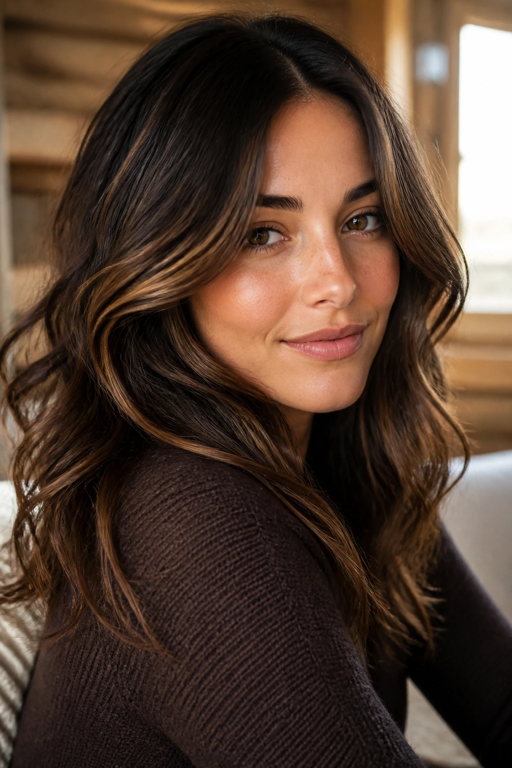 Close-up of a real woman with dark brown hair and subtle caramel highlights for movement and depth.